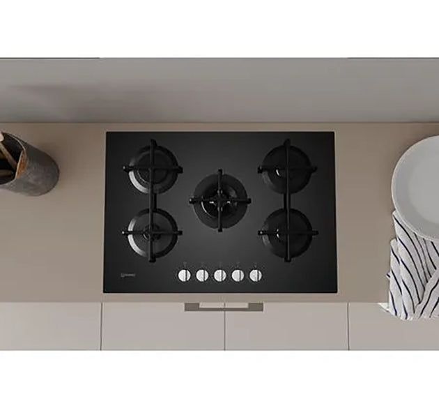 Indesit Hob Gas 5 Burner Glass Blk 75cm